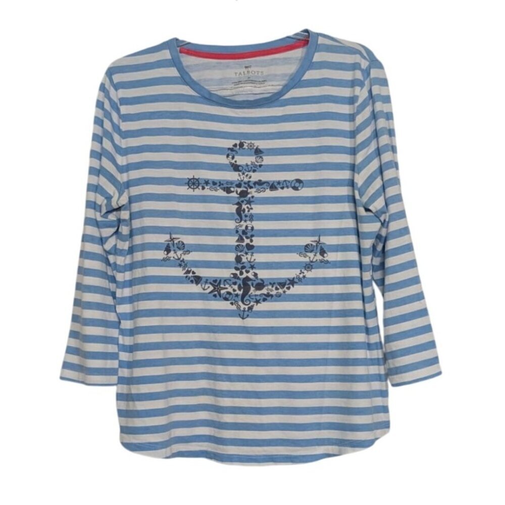 Talbots Anchor Stripe Shirt Womens Size Medium Beach Pima Cotton 3/4 Sleeves